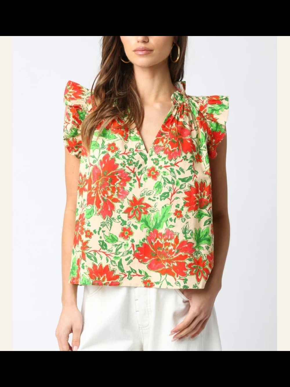 Olivaceous Floral V-Neck Ruffle Sleeve Top - Cream, Red & Green